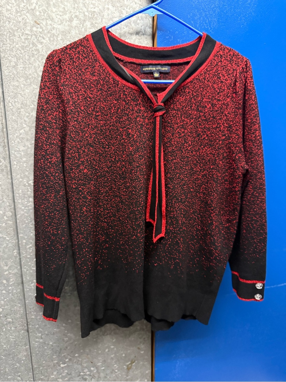 Adrienne Vittadini Red and Black Tie-Neck Sweater